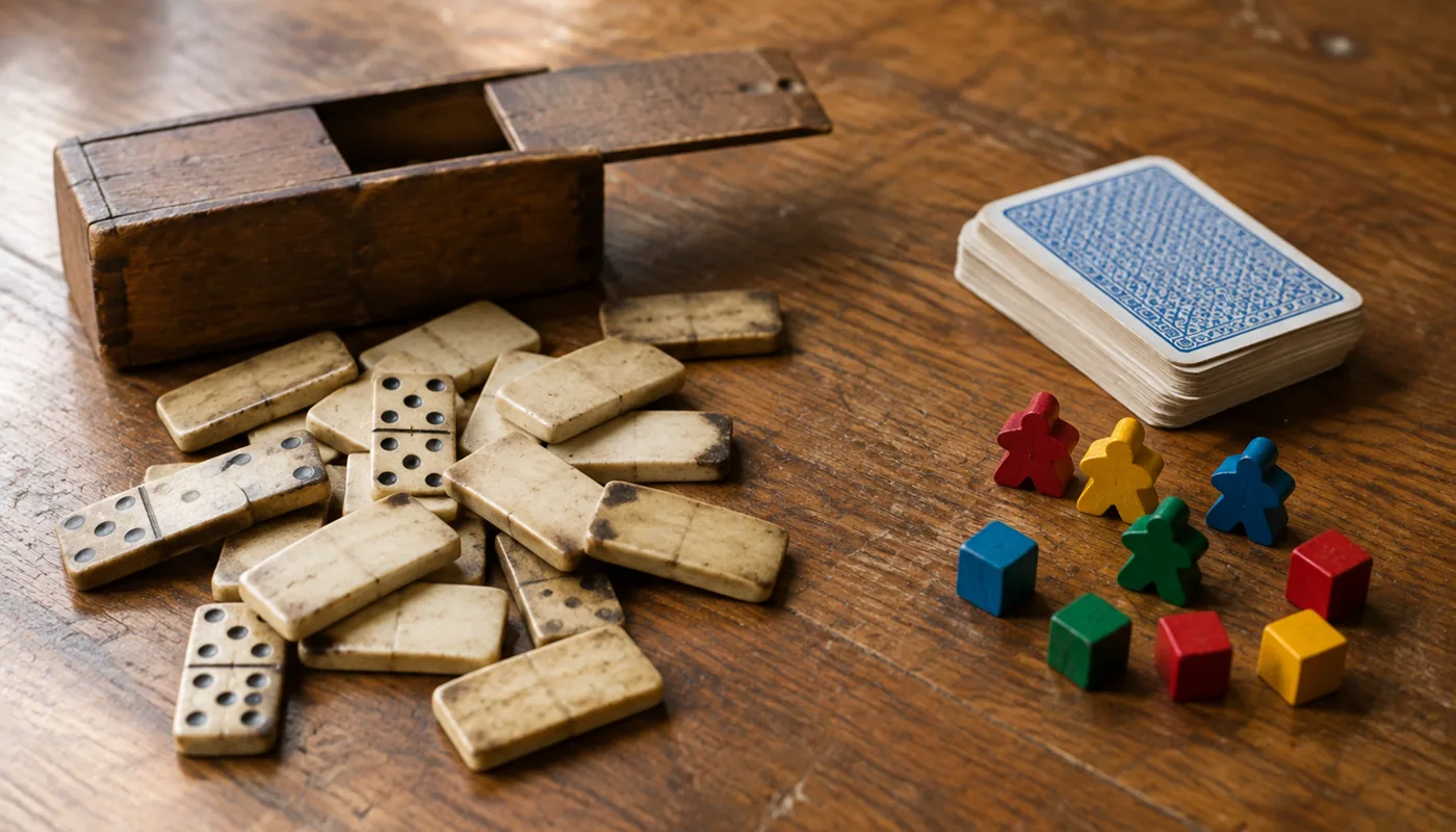 Altes Dominospiel im Holzkasten neben modernen Spielfiguren und Karten